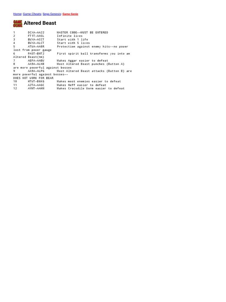 Sega Genesis Game Genie Codes Altered Beast PDF