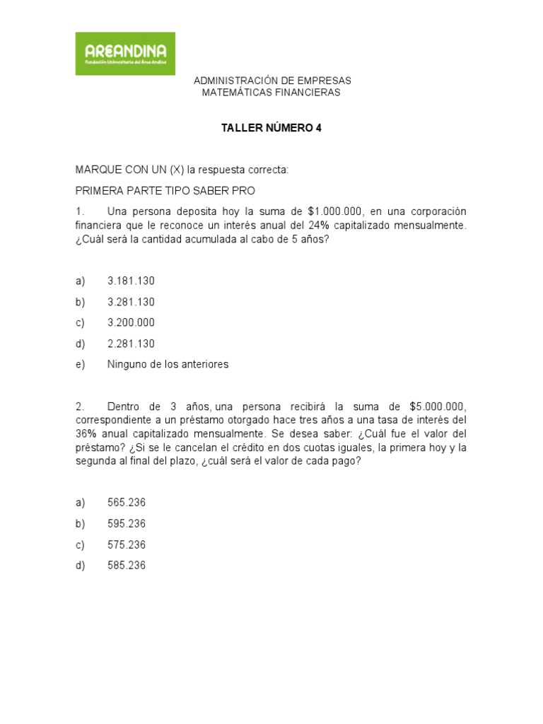 Taller Número 4 Matemáticas Financieras | PDF | Finanzas Matemáticas ...