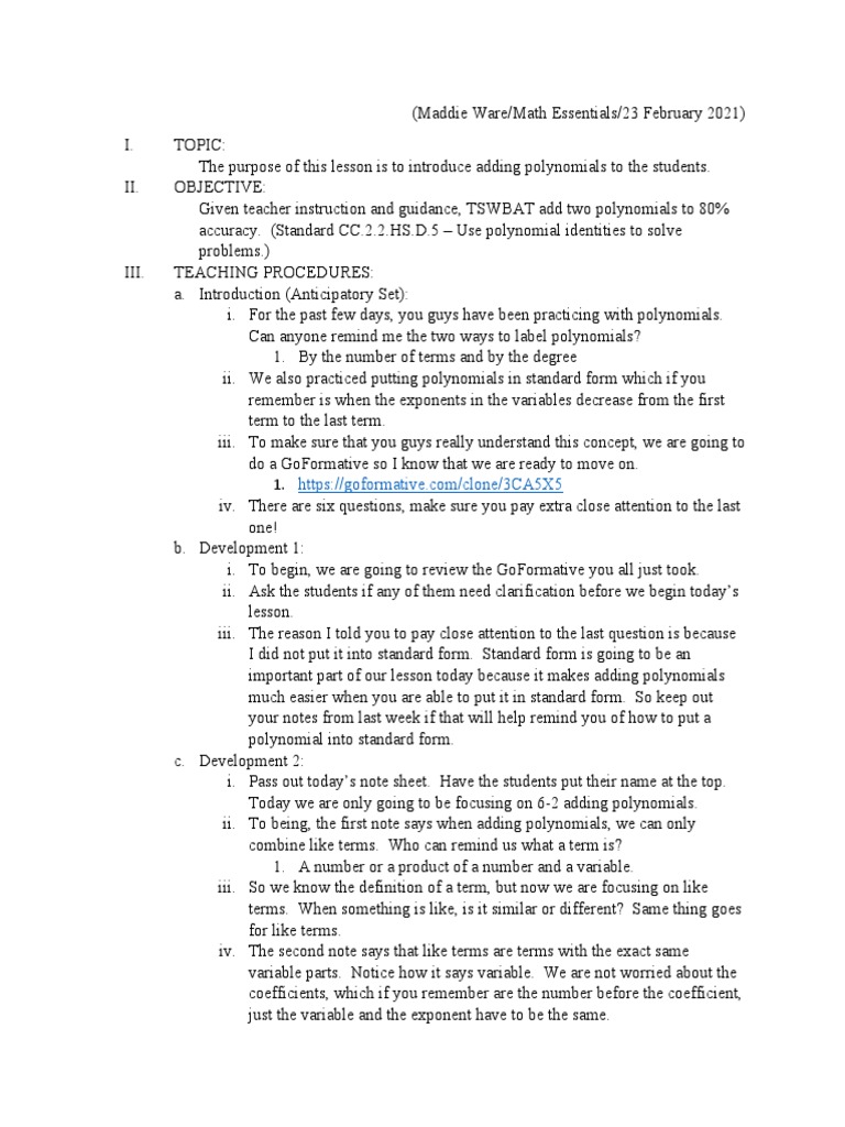 Polynomials Addition Lesson Plan PDF Polynomial Numbers