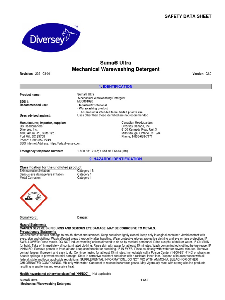 Suma® Ultra Mechanical Warewashing Detergent Safety Data Sheet PDF Personal Protective