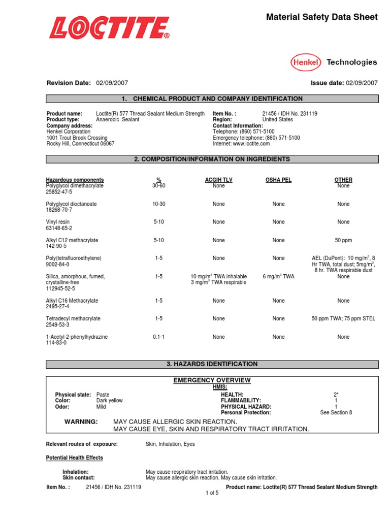 MSDS Loctite 577 PDF Dangerous Goods Hazardous Waste