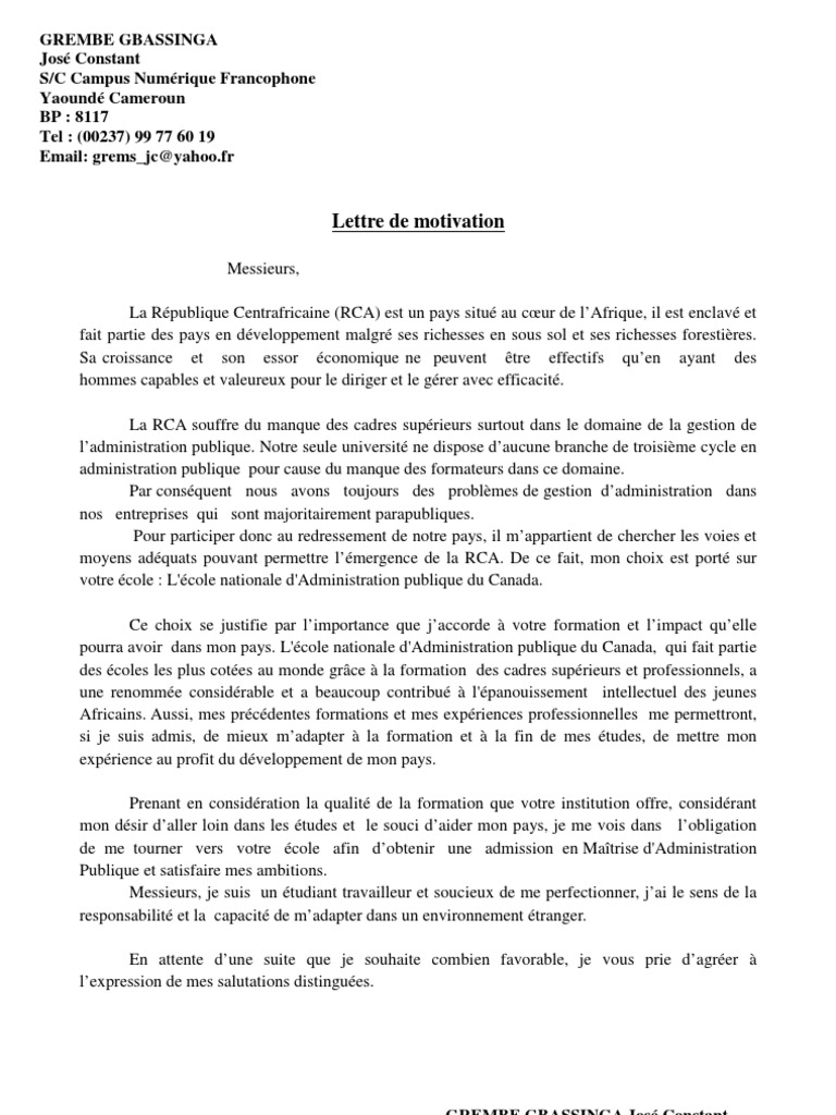 Lettre de Motivation  PDF  République centrafricaine  Afrique