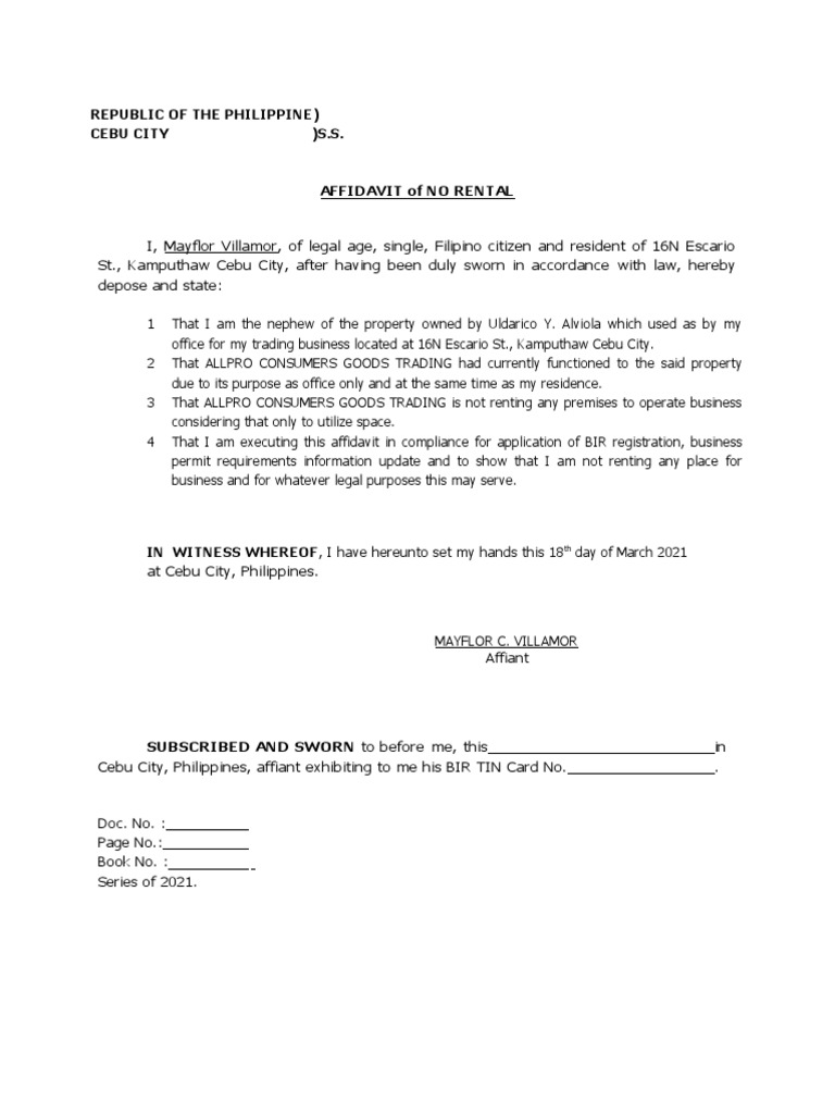 Affidavit of No Rental for Business | PDF
