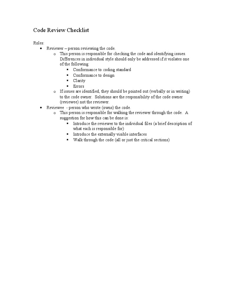 Code Review Checklist and Standards | PDF
