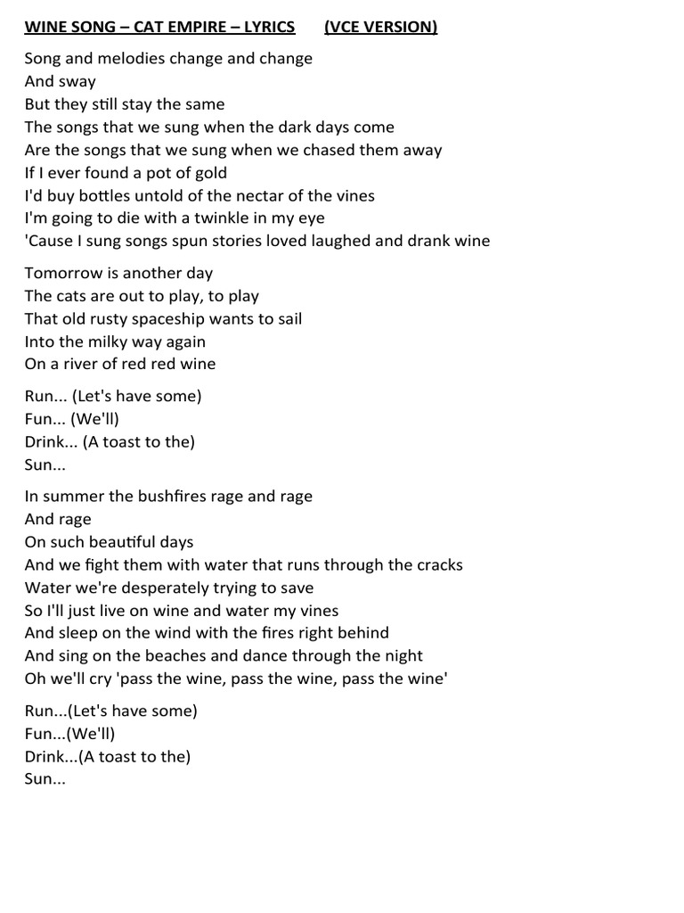Wine Song - Cat Empire - Lyrics | PDF