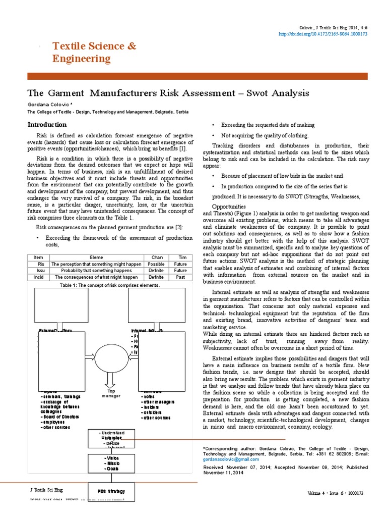 The Garment Manufacturers Risk Assessment Swot Analysis 2165 8064.