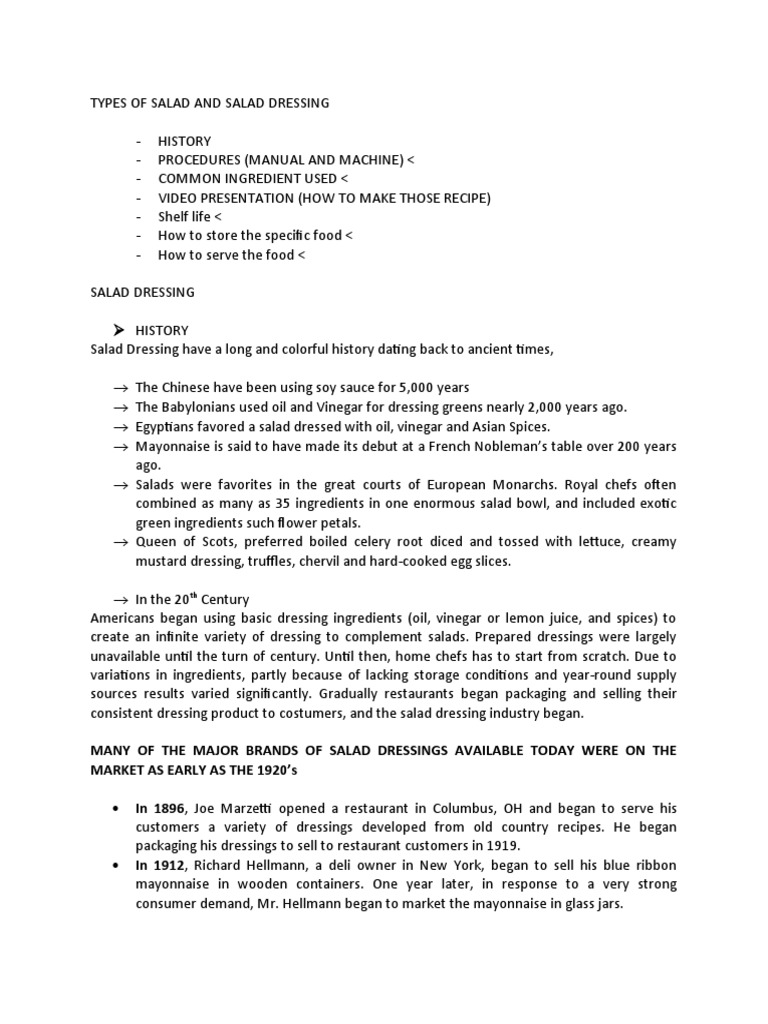 Types of Salad and Salad Dressing PDF Mayonnaise Salad