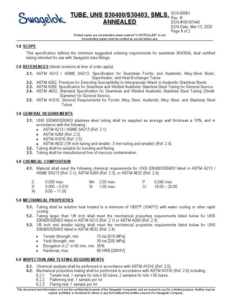 Specification for Seamless 304/304L Stainless Steel Tubing Intended for ...