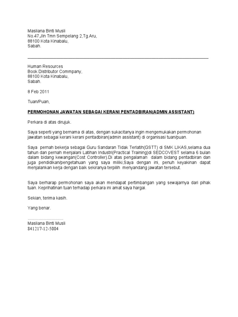 Contoh Cover Letter Mohon Kerja Bank - Job Seeker