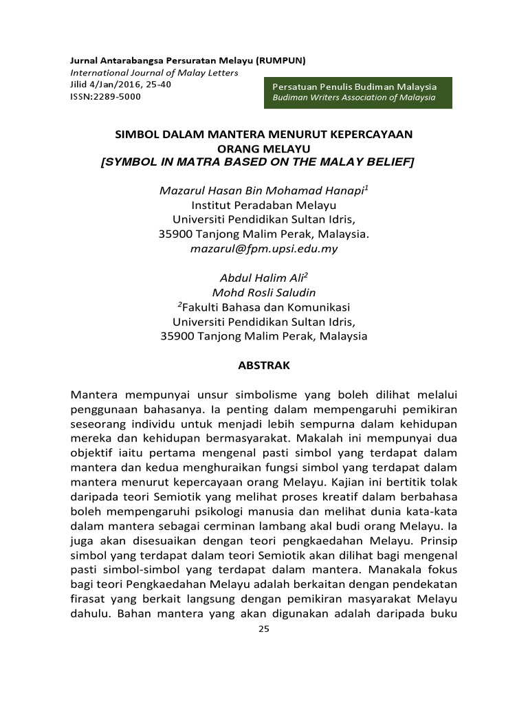 Simbol Dalam Mantera Menurut Kepercayaan Orang Melayu Mazarul Hasan Bin Mohamad Hanapi Pdf