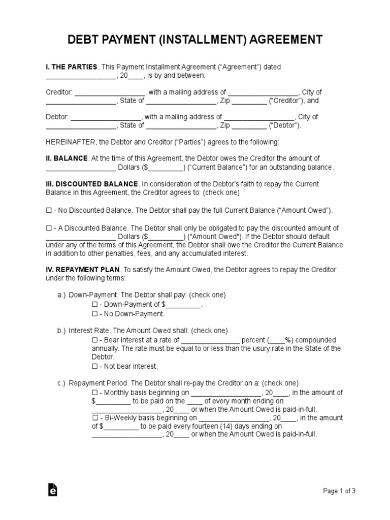 Debt Payment Installment Agreement Template | PDF | Debtor | Liability ...