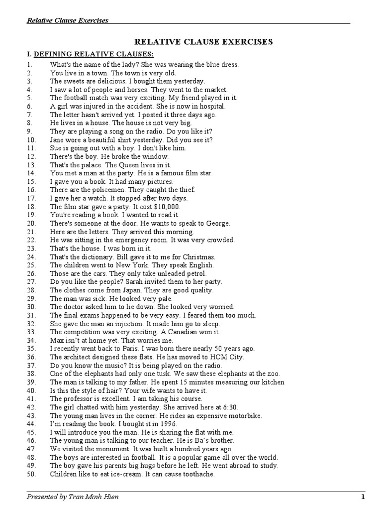 Relative Clause Practice Exercises | PDF