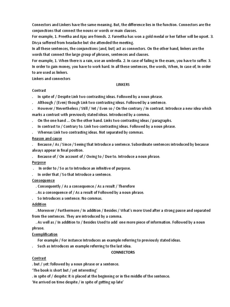 Linkers and Connectors | PDF | Sentence (Linguistics) | Phrase