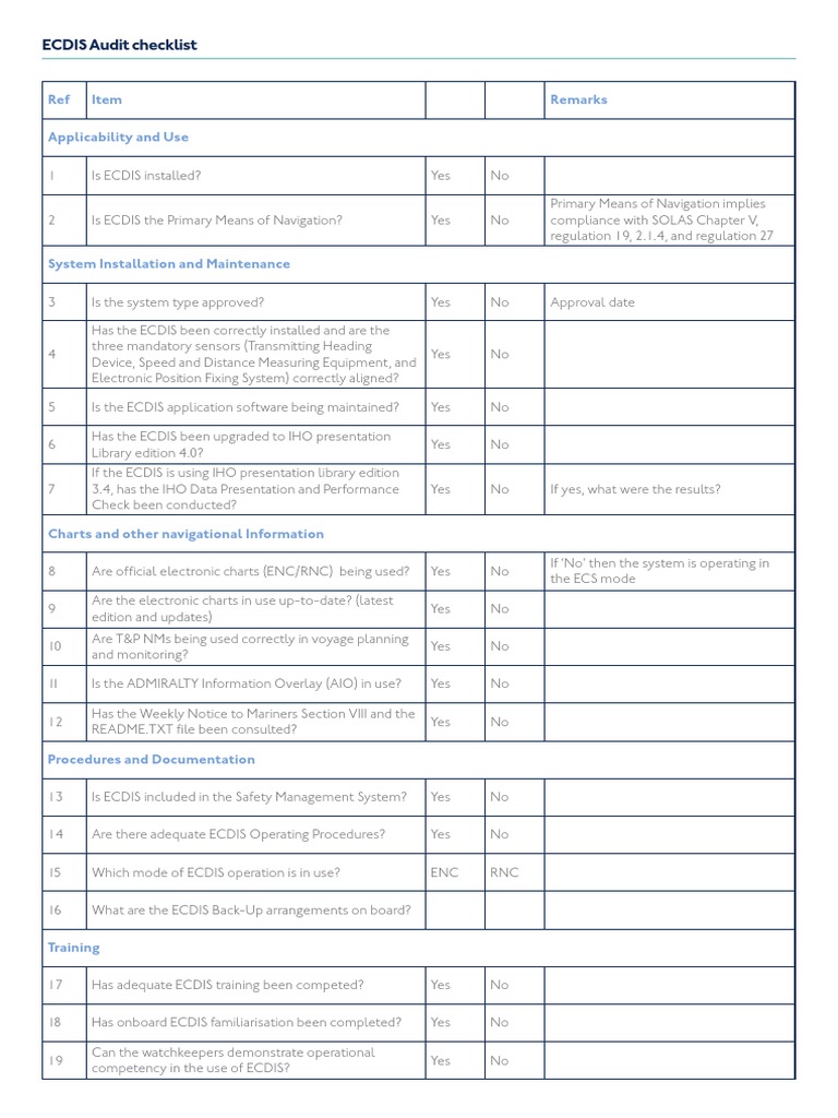 ECDIS Audit Checklist: Ref Item Remarks Applicability and Use | PDF ...