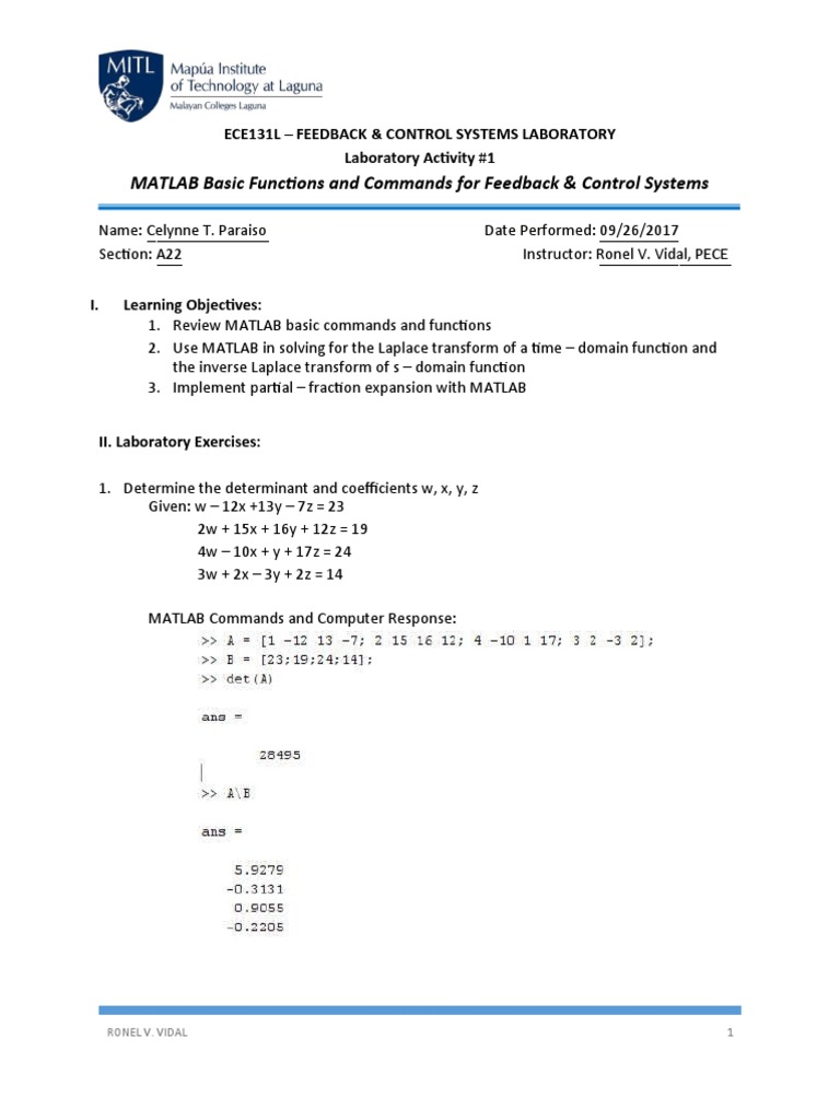MATLAB Basic Functions and Commands For Feedback & Control Systems ...