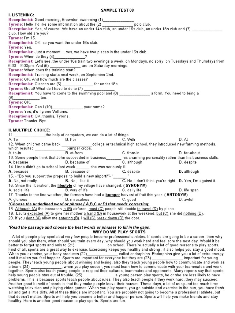 Sample test 08 i listening choose the underlined word or phrase a