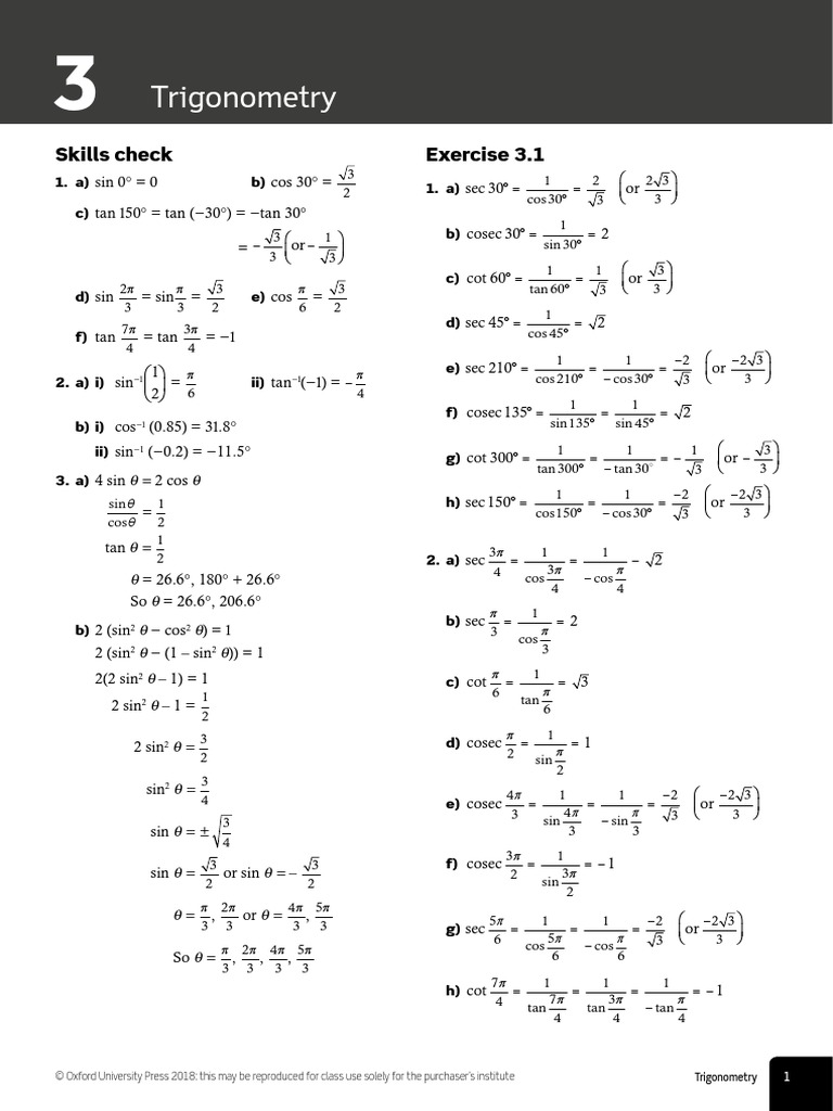 Trigonometry: Skills Check Exercise 3.1 | PDF | Differential Calculus ...