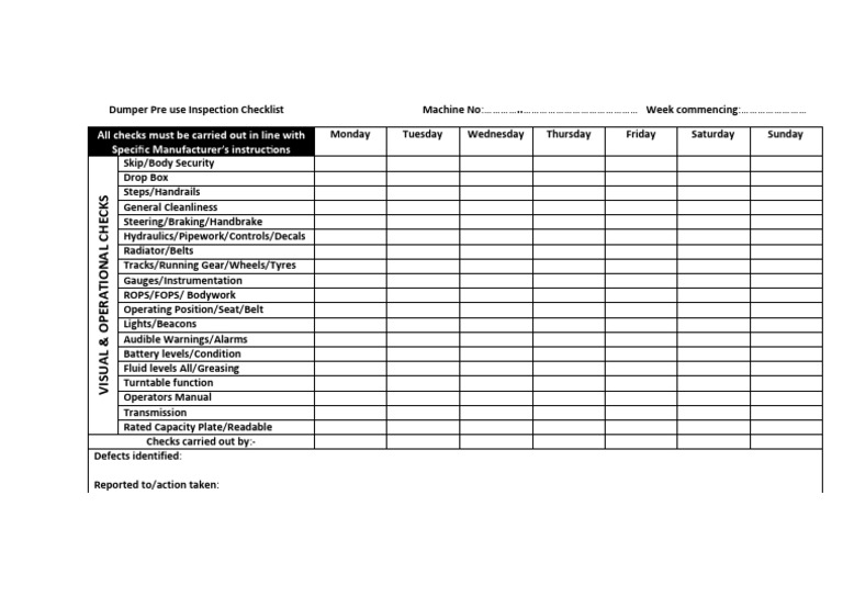 Dumper Pre-Use Inspection Checklist | PDF | Technology & Engineering