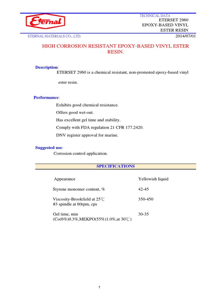 ETERSET 2960 Data Sheet | PDF | Polyvinyl Chloride | Materials