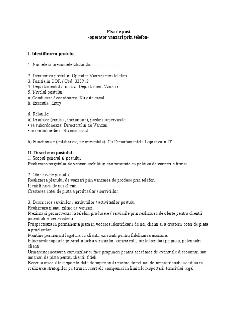 Fisa de Post - OPERATOR VANZARI PRIN TELEFON | PDF