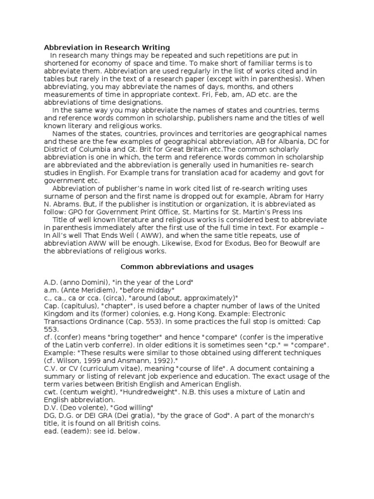Abbreviation in Research Writing PDF Bachelor's Degree Master Of Arts