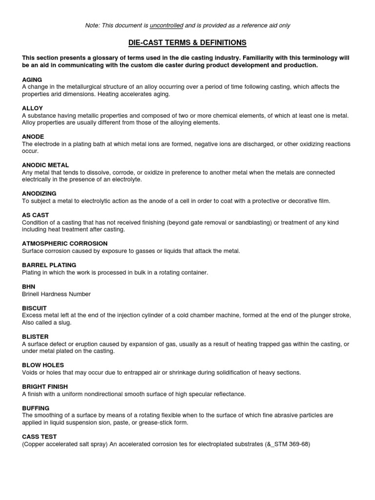 Die Casting Terminology Glossary | PDF