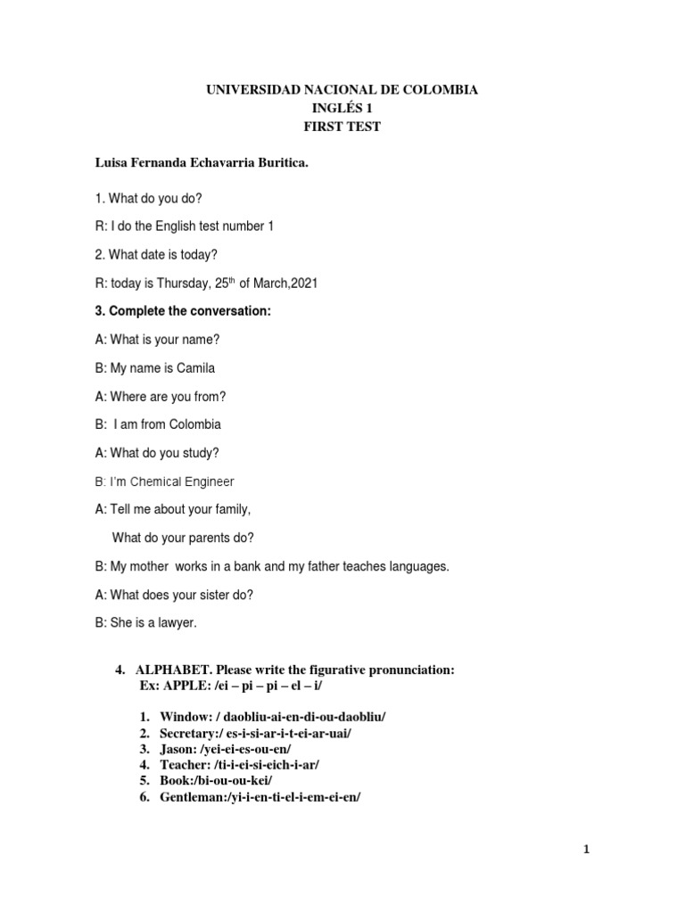 FIRST TEST E1 2021 - LuisaEchavarria | PDF