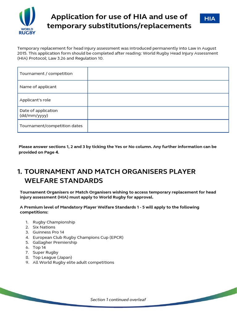 Application For Use of HIA and Use of Temporary Substitutions/replacements PDF Concussion