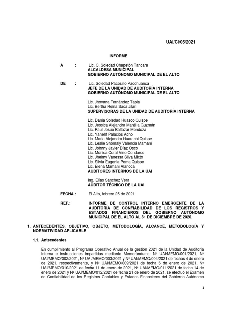 Informe de Control Interno de La Auditoría de Confiabilidad 2020 ...