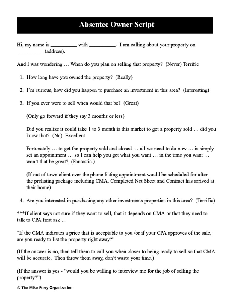 Absentee Owner Script: © The Mike Ferry Organization | PDF | Real ...