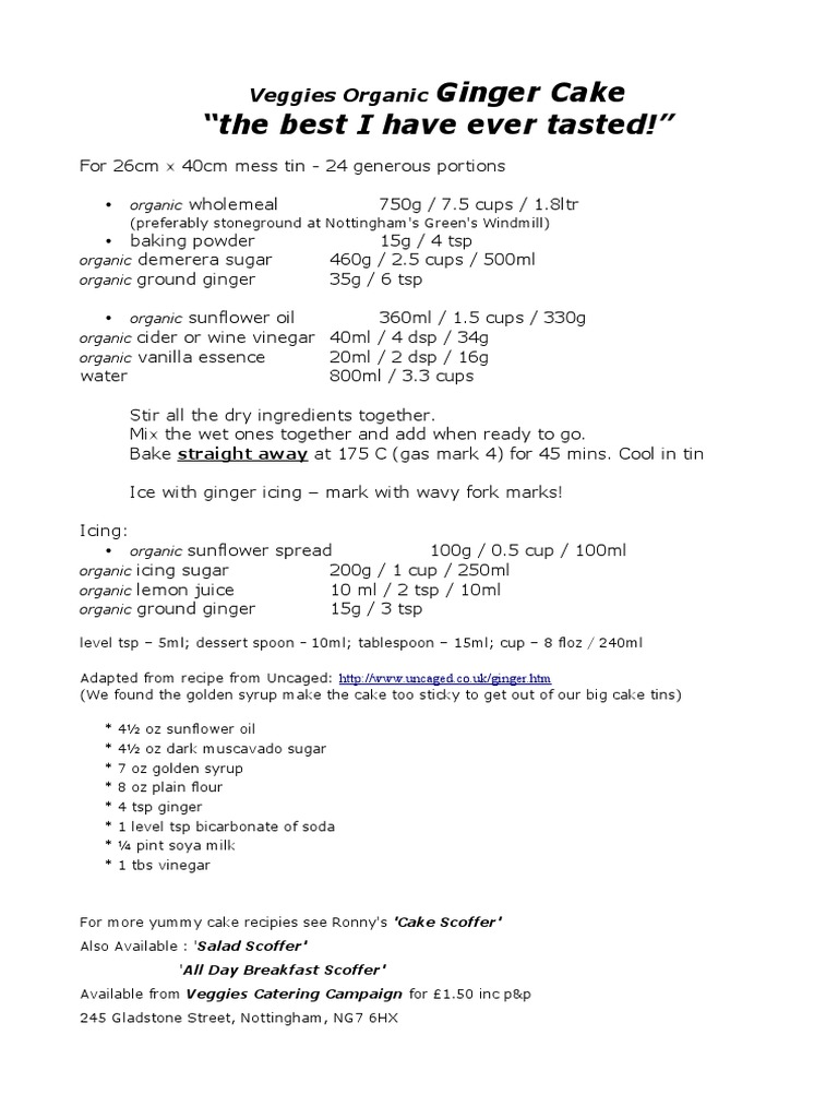 Ginger Cake "The Best I Have Ever Tasted!" Veggies Organic PDF