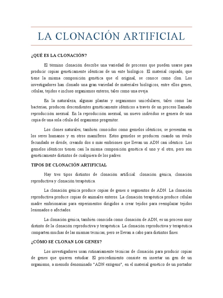 La Clonación Artificial PDF Clonación Procesos biologicos