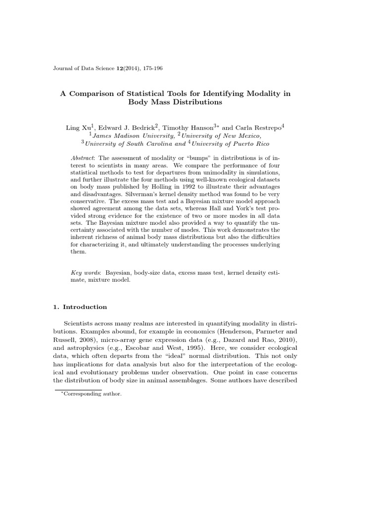 A Comparison of Statistical Tools For Identifying Modality in Body Mass ...