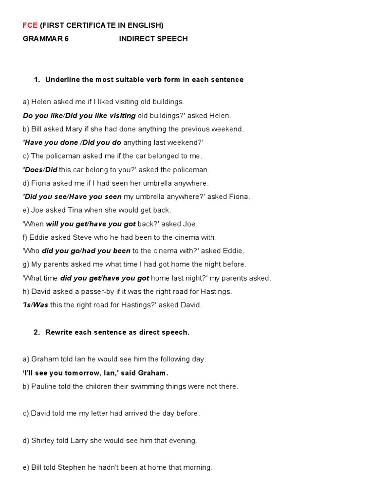 Grammar 6 Indirect Speech Practice | PDF | Question | Syntax