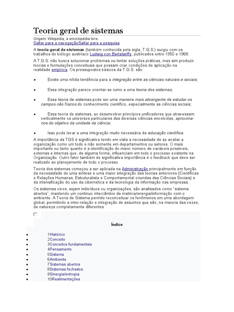 Teoria Geral dos Sistemas | PDF | Teoria dos Sistemas | Ciência de Sistemas