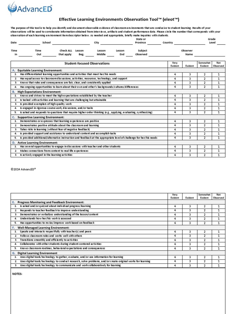 Effective learning environments observation tool eleot student