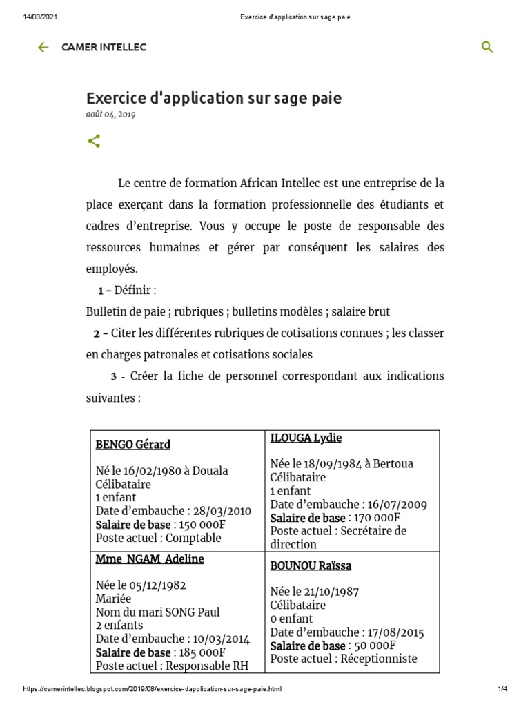 Exercices Et Corrigés Sur La Paie Pdf Gratuit Exercice D'application Sur Sage Paie | PDF | Impôt sur le revenu | Salaires