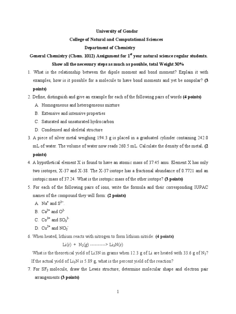 General Chemistry Assignment 1012 | PDF | Molecules | Chemical Reactions
