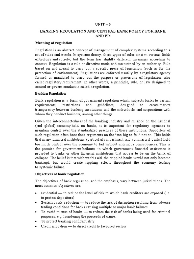 Unit 5 Banking Regulation and Central Bank Policy For Bank and Fis