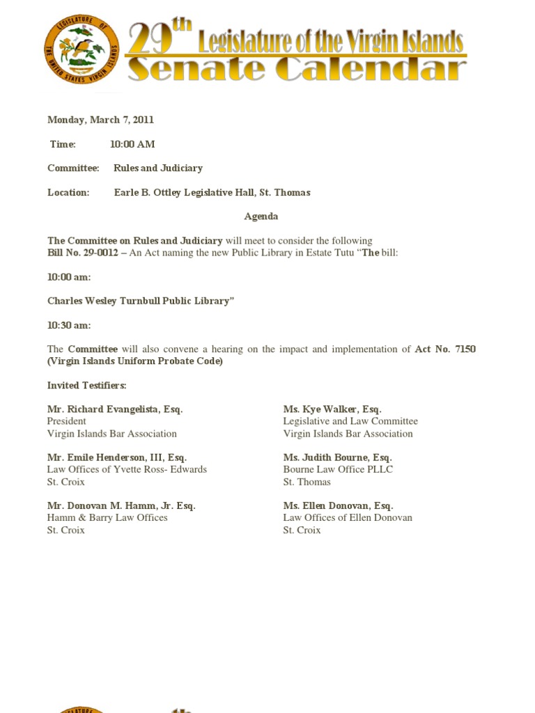Senate (29th Legislature of The Virgin Islands) Calendar Weekending 3