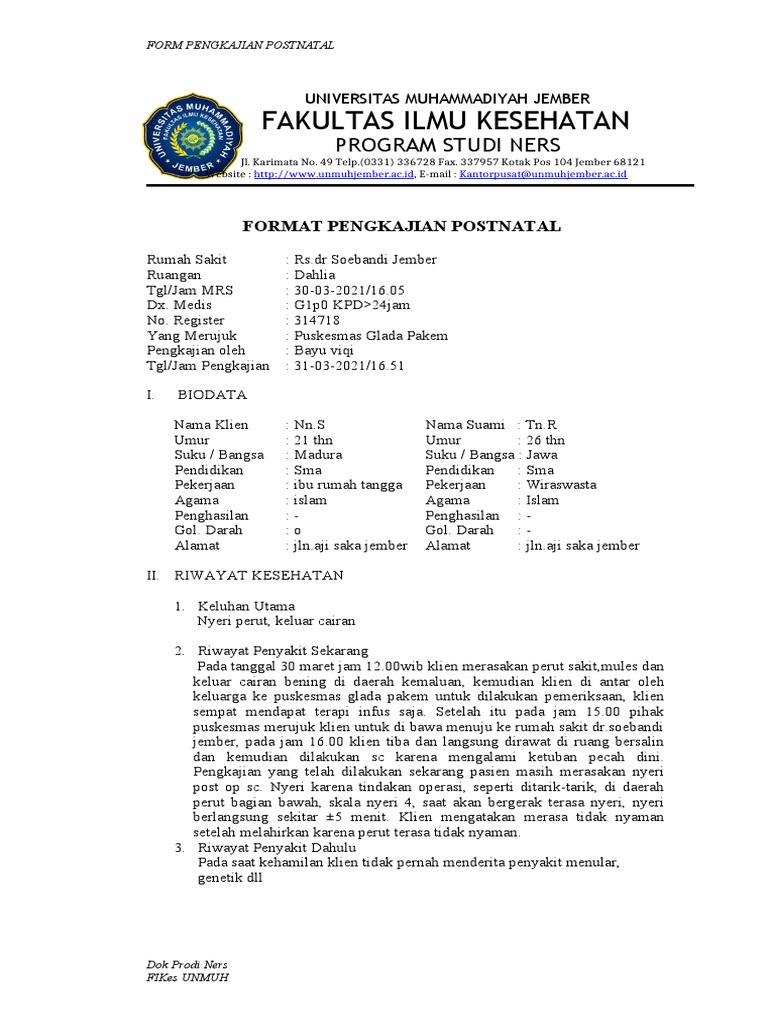 FORMAT PENGKAJIAN POSTNATAL-dikonversi | PDF | Kesehatan Holistik