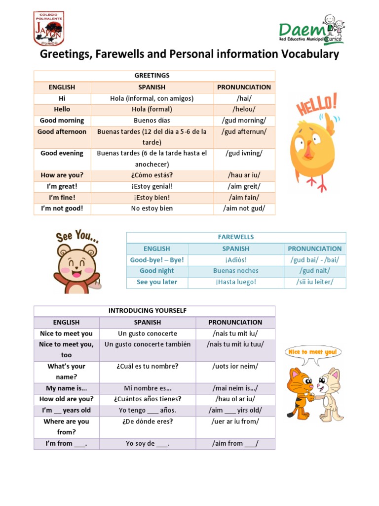 Greetings, Farewells and Personal Information Vocabulary | PDF