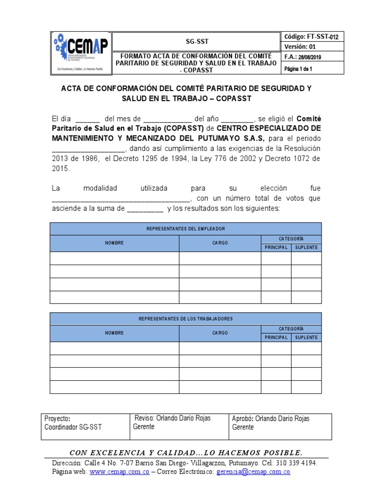 FT-SST-012 Formato de Acta de Conformación Del COPASST | PDF | Gobierno ...