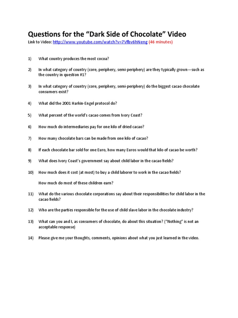 Questions For The Dark Side of Chocolate Video PDF