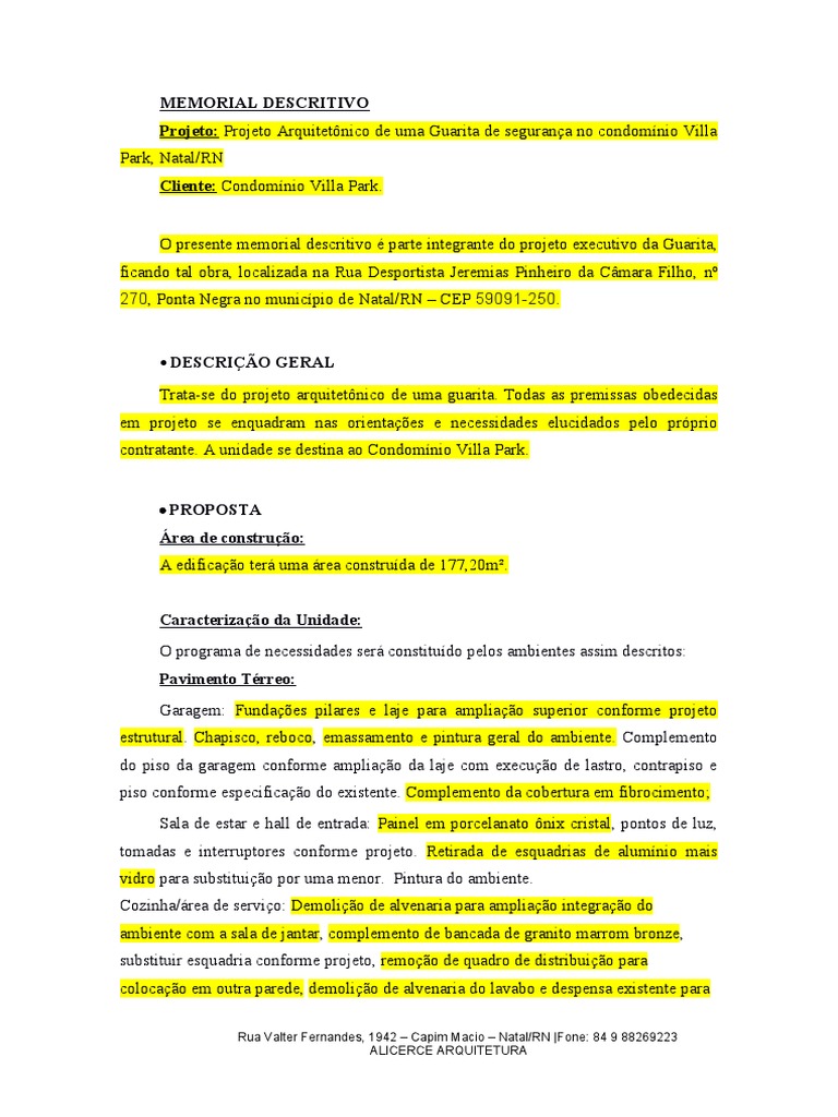 Memorial Descritivo de Reforma Residência Unifamiliar | PDF | Argamassa ...
