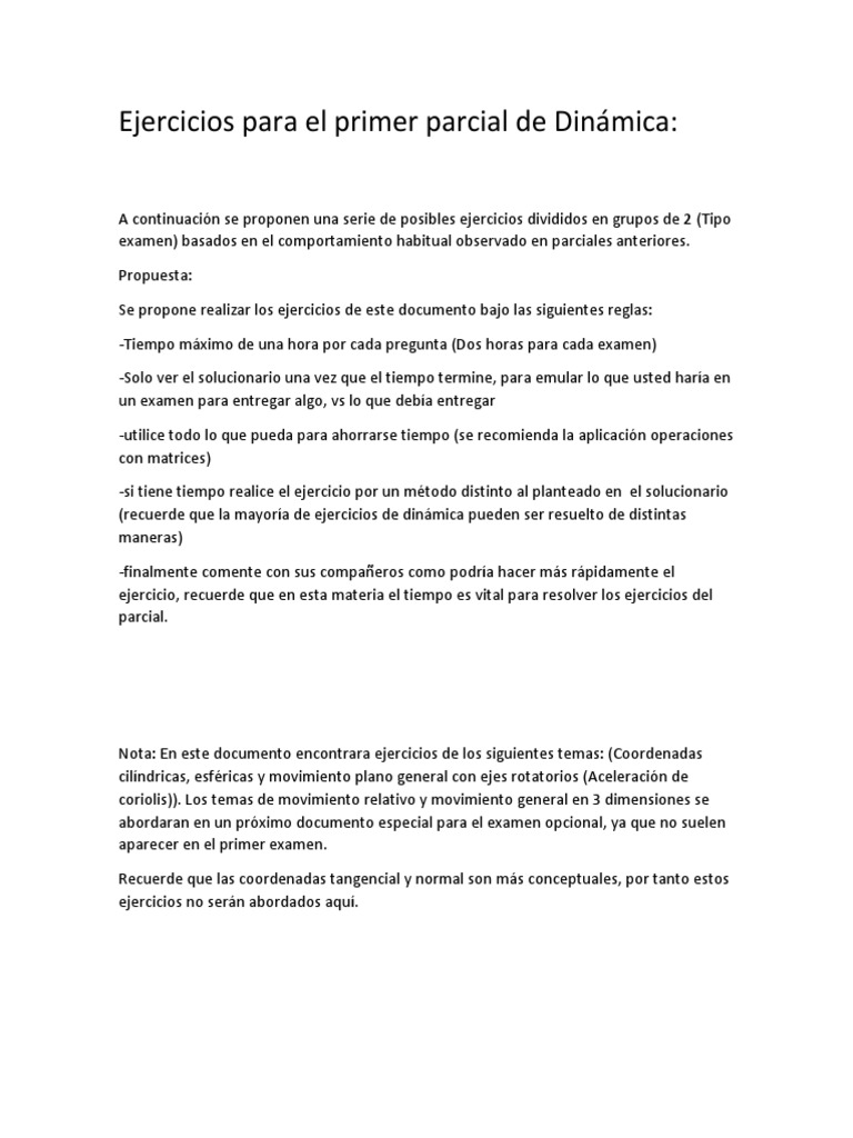 Ejercicios para El Primer Parcial de Dinámica | PDF
