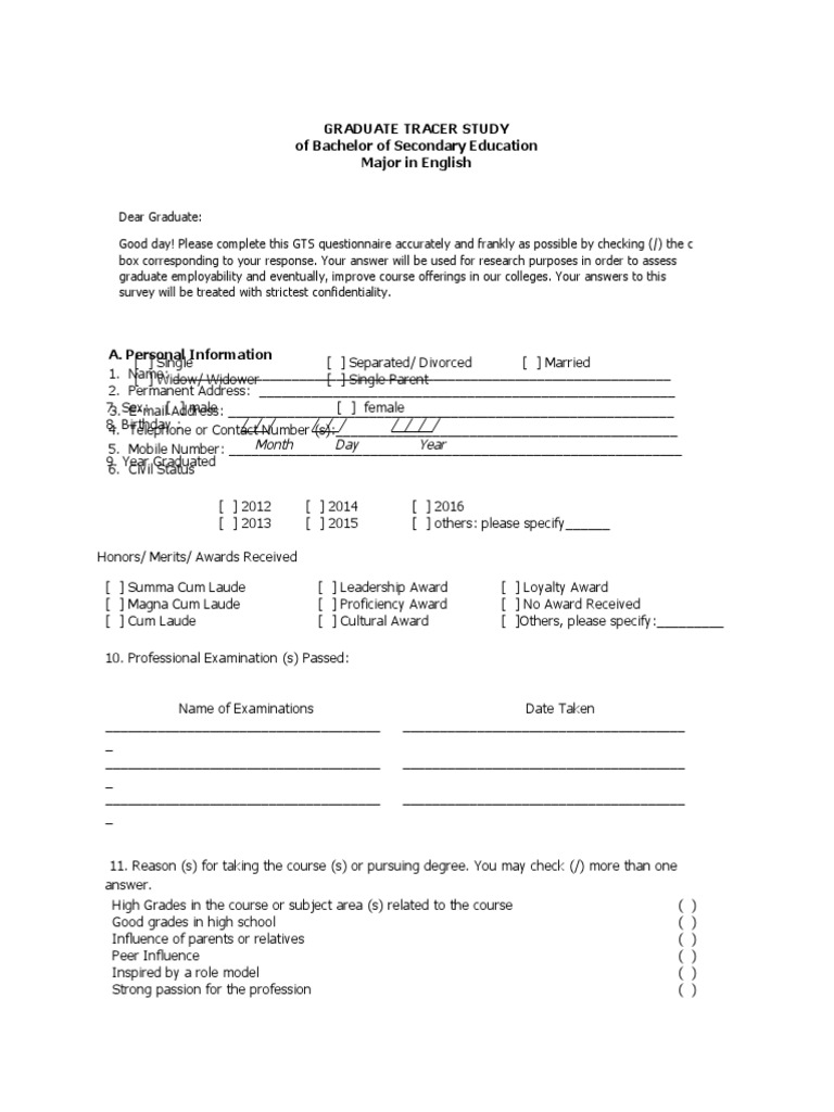 CHED Graduate Tracer Study Questionnaire | PDF | Academic Degree ...