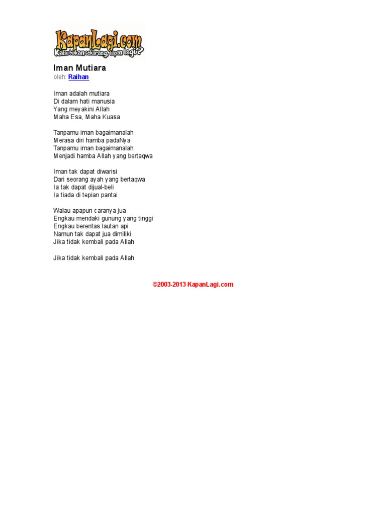 Lirik Raihan - Iman Mutiara | PDF
