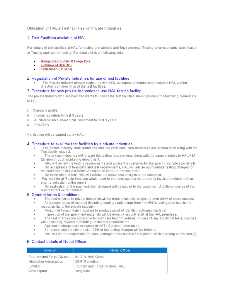 HAL Test Facilities for Private Industries | PDF | Business ...