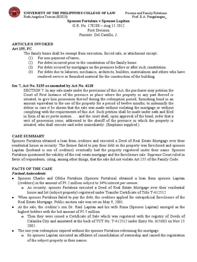 The Family Home Exempt from Execution or Subject to Foreclosure? PDF